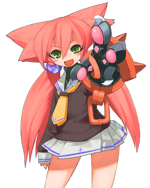 unaji, original, animal ears, cat ears, fang, green eyes, long hair, pink hair, school uniform, serafuku, solo