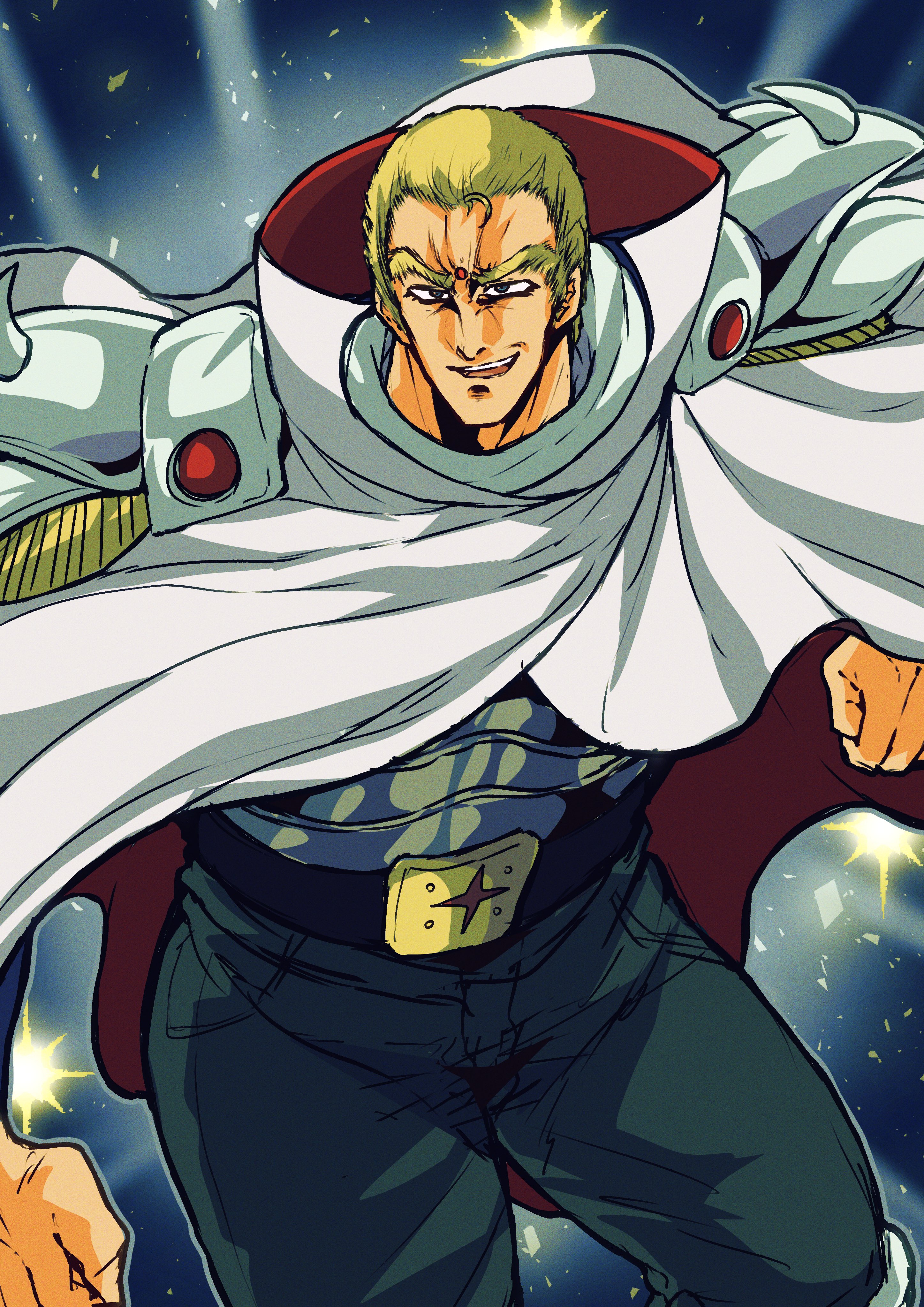 otyumamii, souther, hokuto no ken, absurdres, commentary request, highres, 1boy, aqua pants, armor, belt buckle, blonde hair, blue background, blue eyes, buckle, cape, clenched hands, denim, facial mark, floating cape, forehead mark, grey armor, jeans, looking at viewer, male focus, muscular, muscular male, open mouth, pants, red cape, sketch, smirk, solo, spiked pauldrons, thick eyebrows, two-sided cape, two-sided fabric, white cape
