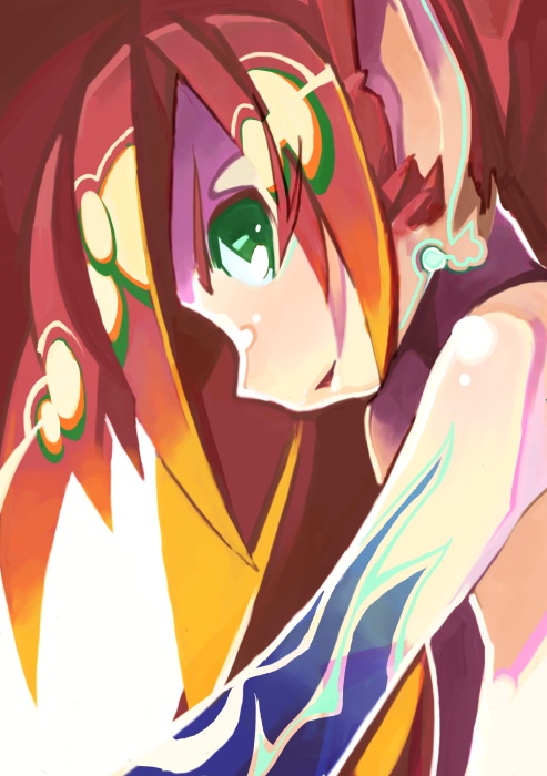 unaji, original, tagme, bare shoulders, green eyes, red hair, solo