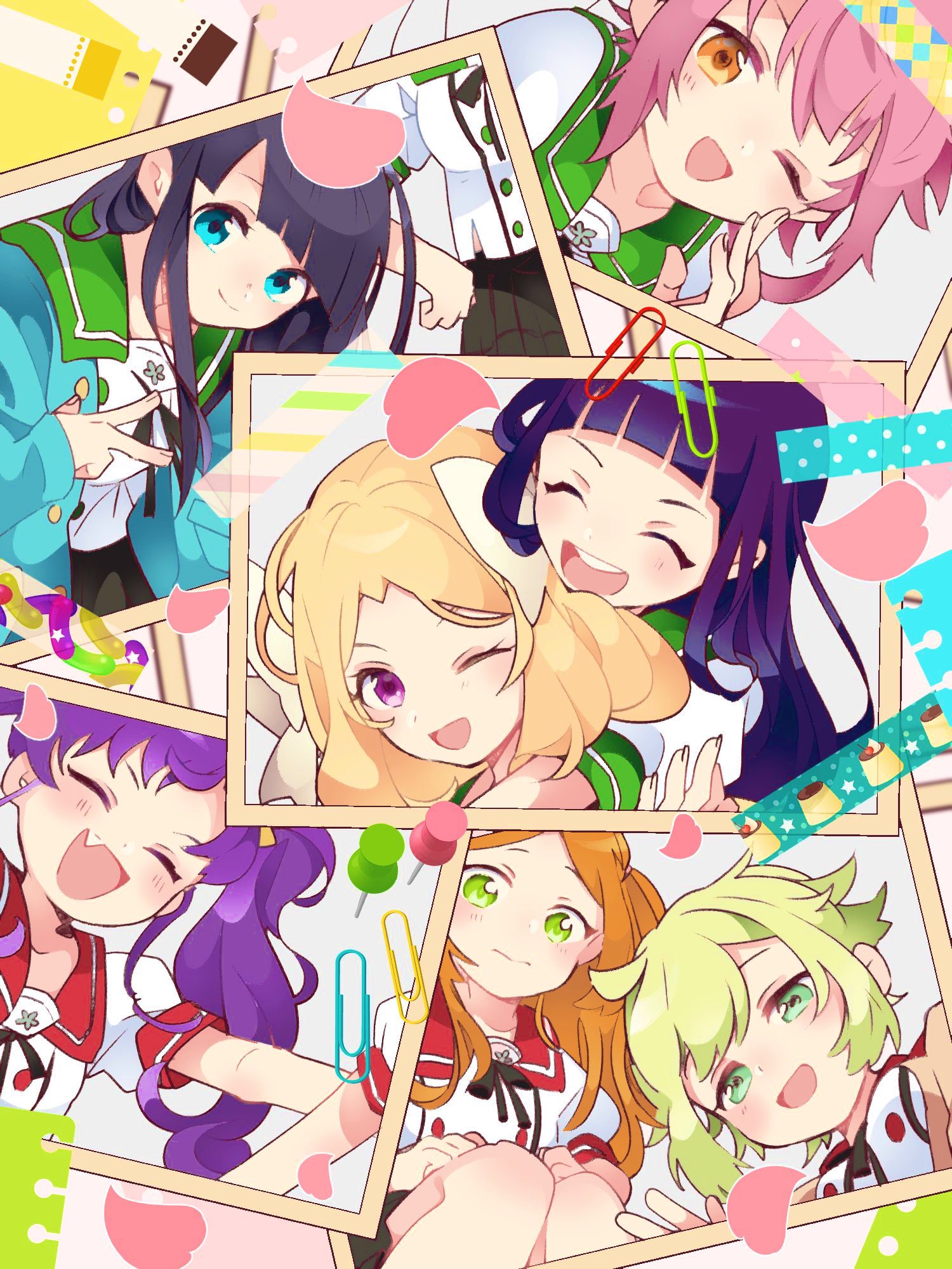 fuji (f ukkami), anzu (ensemble stars!), enjouji reika, fujii shizuku, tsukinaga ruka, tsurumi himari, yomo mitsuru, ensemble girls!, highres, 6+girls, :d, ^ ^, ahoge, aqua eyes, asymmetrical bangs, black hair, blonde hair, blunt bangs, blush, bow, bowtie, buttons, center-flap bangs, choppy bangs, closed eyes, closed mouth, double-parted bangs, falling petals, fang, fanged bangs, from above, from below, green eyes, green hair, green sailor collar, hair between eyes, hair bow, half updo, hand on own face, hime cut, hug, hug from behind, jacket, kimisaki school uniform, knee blush, long hair, looking at another, looking at viewer, masking tape, medium hair, multiple girls, multiple hair bows, multiple views, one eye closed, open clothes, open jacket, open mouth, orange hair, ougi koharu, out of frame, outstretched arm, paperclip, parted bangs, petals, photo (object), pleated skirt, puffy short sleeves, puffy sleeves, purple eyes, purple hair, red sailor collar, sailor collar, school uniform, short hair, short sleeves, sidelocks, simple background, skin fang, skirt, smile, swept bangs, thumbtack, twintails, v, washi tape (object), waving, wavy hair, yellow eyes