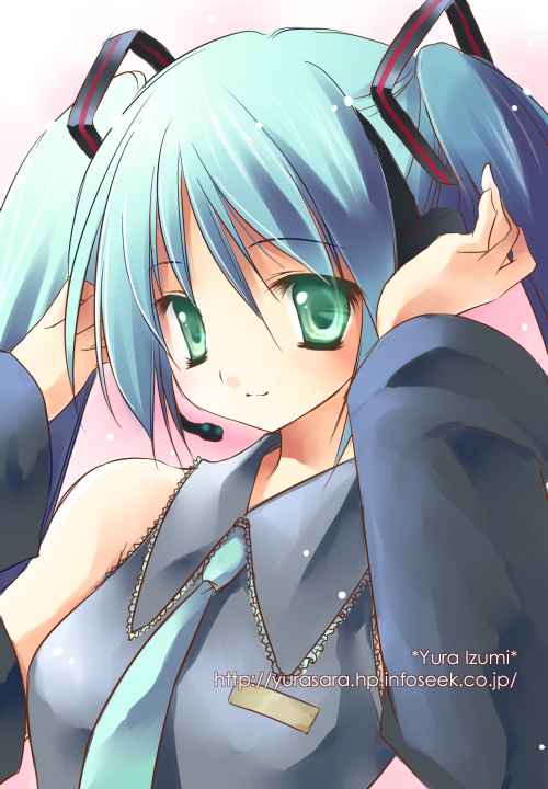 izumi yura, hatsune miku, vocaloid, 1girl, aqua hair, aqua necktie, detached sleeves, female focus, green eyes, hands on headphones, headphones, headset, light smile, long hair, necktie, shirt, sleeveless, sleeveless shirt, solo, twintails, upper body