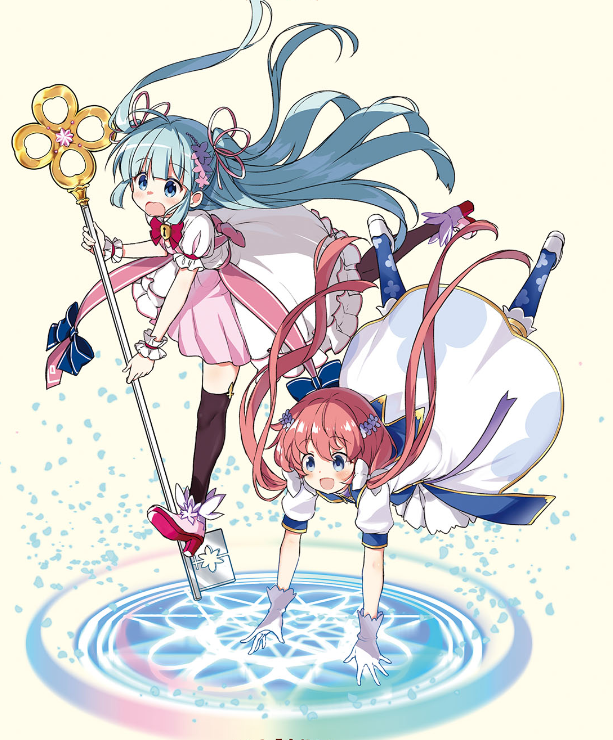 kounosu satori, clea (kirara fantasia), lamp (kirara fantasia), kirara fantasia, non-web source, official art, 2girls, :d, :o, aqua hair, black thighhighs, blue bow, blue eyes, blue socks, blunt bangs, bow, bowtie, breasts, dress, eyebrows hidden by hair, floating hair, flower, frilled sleeves, frills, full body, gloves, hair bow, hair flower, hair ornament, jewelry, keyhole, long hair, multiple girls, open mouth, pendant, pink bow, pink dress, pleated dress, puffy short sleeves, puffy sleeves, red bow, red hair, scrunchie, short sleeves, small breasts, smile, socks, thighhighs, thighs, twintails, two-tone dress, two side up, very long hair, white dress, white gloves, wrist scrunchie, zettai ryouiki