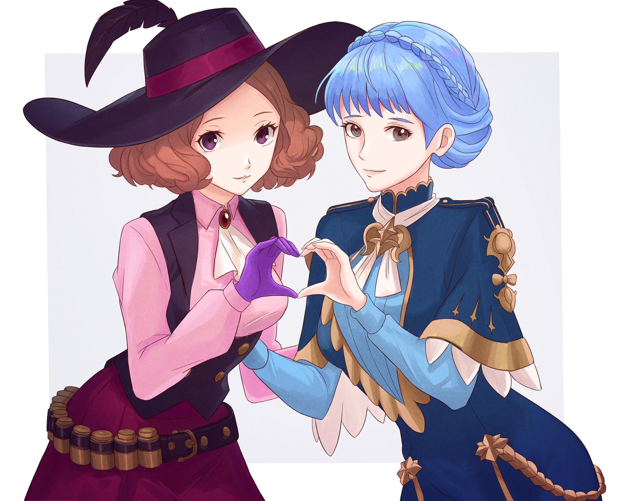 truejekart, marianne von edmund, marianne von edmund (timeskip), noir (persona 5), okumura haru, fire emblem, fire emblem: three houses, nintendo, persona, persona 5, commission, highres, second-party source, 2girls, ascot, belt, black feathers, blue capelet, blue dress, blue hair, braid, breasts, brown eyes, brown hair, capelet, cavalier hat, closed mouth, crown braid, dress, feathers, gloves, hat, hat feather, heart, heart hands, jewelry, long sleeves, looking at viewer, medium breasts, multiple girls, pink shirt, purple eyes, purple gloves, shirt, short hair, simple background, smile, vest, white ascot