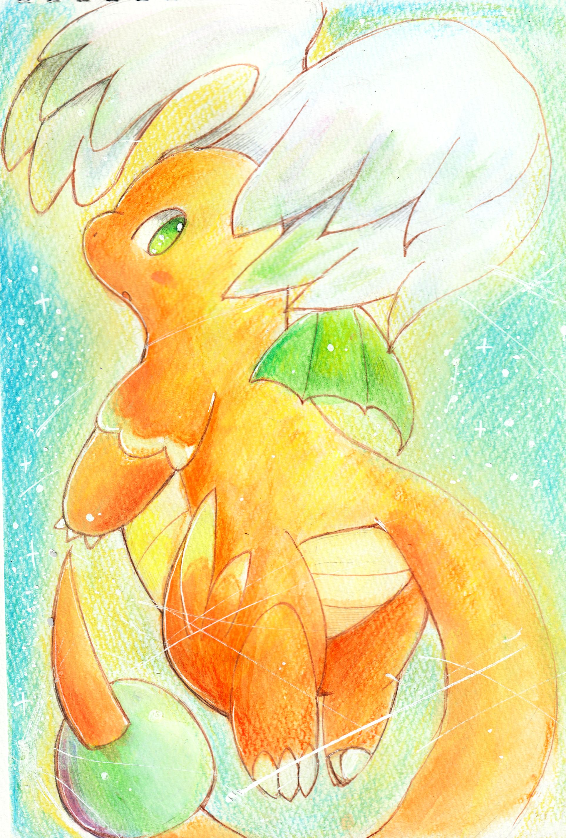 kirin1204, dragonite, mega dragonite, nintendo, pokemon, absurdres, highres, blush, claws, colored skin, dragon, feathered wings, gen 1 pokemon, green eyes, head wings, horns, leg wings, mega pokemon, no humans, orange skin, parted lips, pokemon (creature), pokemon focus, single horn, solo, tail, wings
