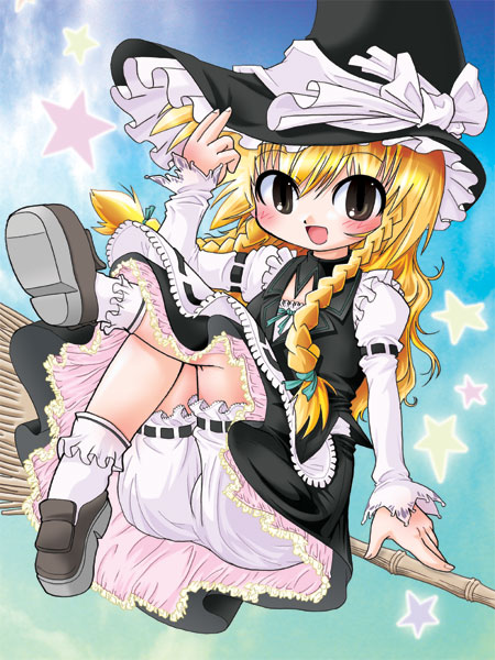 kirisame marisa, touhou, 1girl, blonde hair, bloomers, braid, broom, broom riding, brown eyes, female focus, full body, gradient background, hat, long hair, outdoors, skirt, sky, solo, star (symbol), twin braids, underwear, white bloomers, witch, witch hat