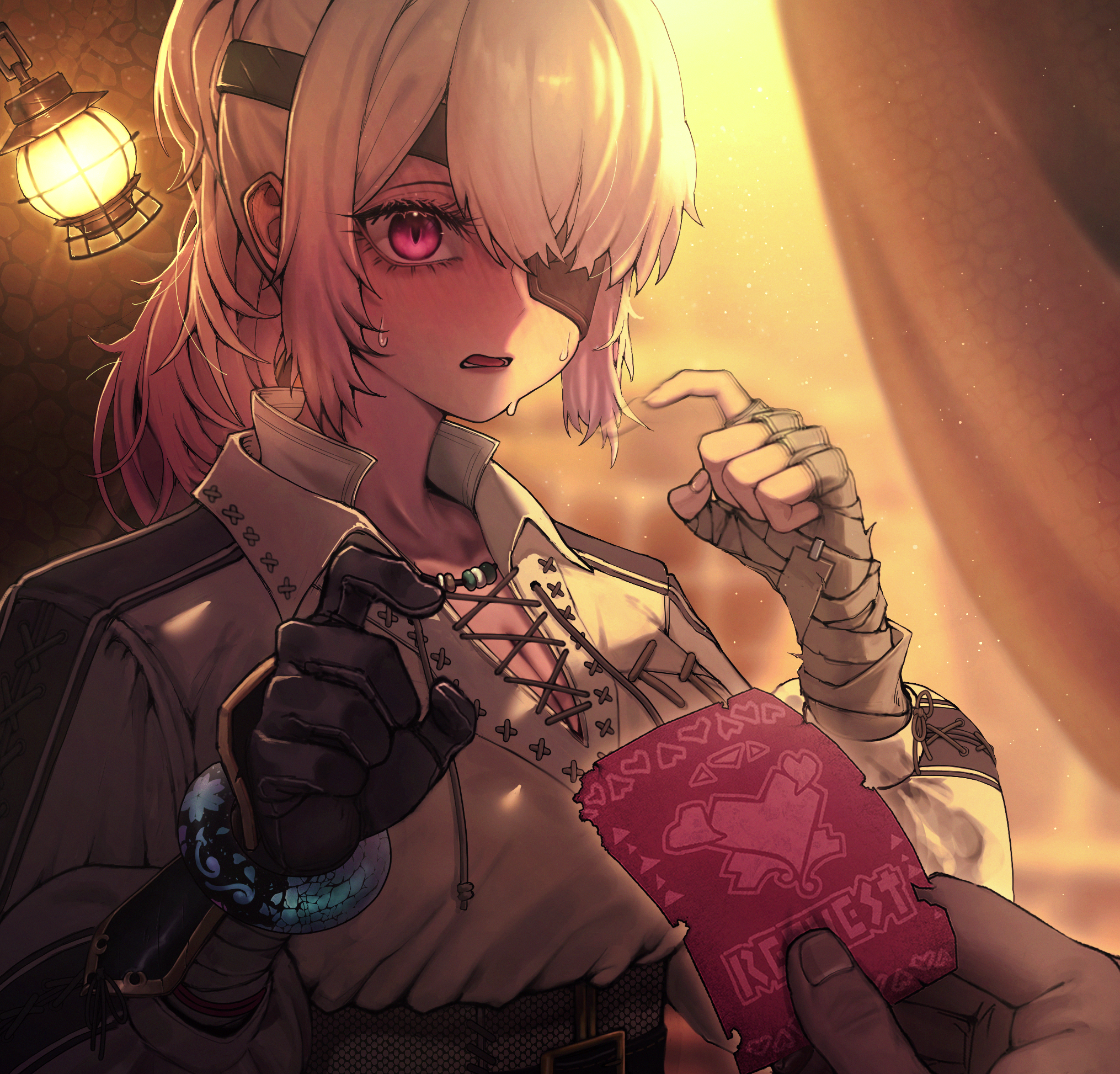 monster hunter (character), monster hunter (series), commission, highres, 1girl, bandaged arm, bandages, black gloves, breasts, brown shirt, cleavage, collared shirt, eyepatch, gloves, gradient hair, holding, holding ticket, looking at viewer, multicolored hair, nupp, open mouth, pink hair, pointing, pointing at self, ponytail, pov, pov hands, red eyes, shirt, solo focus, sweat, ticket, white hair