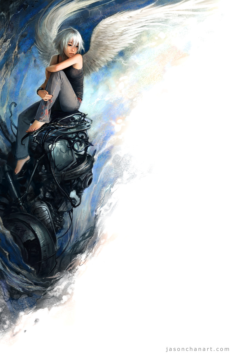 jason chan, original, highres, angel, barefoot, hugging own legs, jeans, junk, machine, machinery, nail polish, realistic, short hair, sitting, t-shirt, white hair, wings