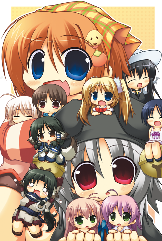 midori nohara, aruruu, eruruu, mizuki saori, mizuki shiori, nanashi no shoujo, natsunomori towa, sakura minoru, shirakawa sayaka, yamato suzuran, yoshino mika, hajimete no orusuban, suigetsu, suika (visual novel), tenohira wo taiyou ni, utawarerumono, character request, second-party source, 6+girls, ahoge, animal ears, antenna hair, bare shoulders, bell, bike shorts, black hair, black hat, black neckerchief, black shoes, black shorts, blonde hair, blue eyes, blue ribbon, blue sash, blue sleeve cuffs, border, bow, brown fur, brown hair, brown tail, chibi, chibi only, closed mouth, collarbone, cover, cross, detached collar, dog hair ornament, dress, dress ribbon, fang, food-themed hair ornament, grey hair, hair between eyes, hair ornament, hair scrunchie, hair tubes, hat, hat with ears, headscarf, horizontal-striped clothes, horizontal-striped sleeves, japanese clothes, jingle bell, juliet sleeves, kimono, latin cross, long hair, long sleeves, looking at another, looking at viewer, mini person, multicolored headscarf, multiple girls, neckerchief, no nose, o-ring, obi, off-shoulder dress, off shoulder, open mouth, orange hair, outline, pinafore dress, pink hair, plaid headscarf, puffy sleeves, purple ribbon, rectangular mouth, red bow, red dress, red eyes, red shoes, red sleeve cuffs, red sleeves, ribbon, sash, scrunchie, shirt, shoes, short hair, shorts, siblings, simple background, sisters, skin fang, sleeve cuffs, sleeveless, sleeveless dress, smile, straight hair, striped clothes, striped sleeves, sundress, tears, tenugui, tongue, twintails, two-tone fur, two-tone sleeves, two-tone tail, white border, white dress, white fur, white hair, white kimono, white outline, white shirt, white sleeves, white tail, yellow background, yellow eyes