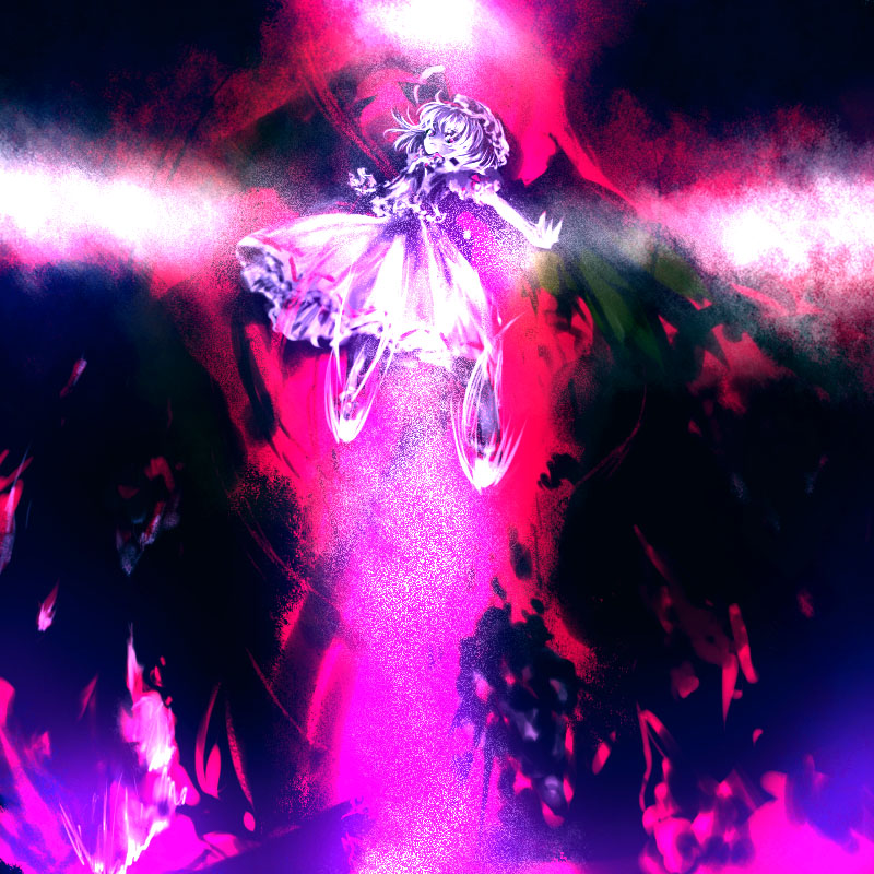 suisai (suisao), remilia scarlet, touhou, 1girl, dress, female focus, gradient background, hat, mob cap, solo, wings