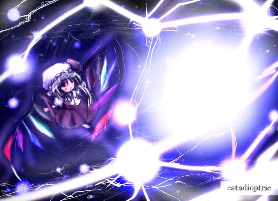 kouba, flandre scarlet, touhou, 1girl, blonde hair, blouse, danmaku, female focus, hat, mob cap, red eyes, ribbon, shirt, short hair, solo, white hat, white shirt, wings