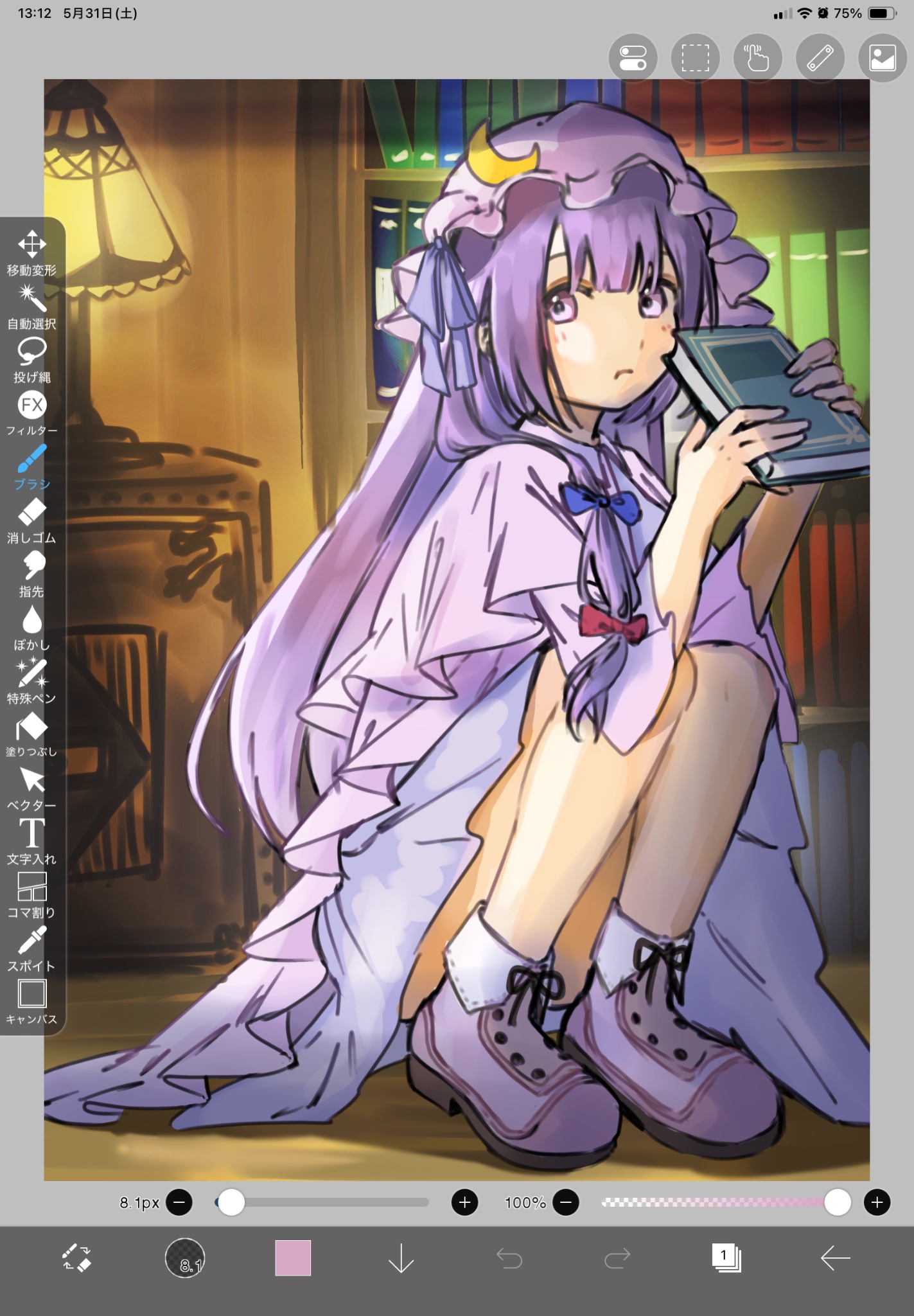 mayu25 mayu25, patchouli knowledge, touhou, commentary request, highres, unfinished, 1girl, art program in frame, blue bow, book, bookshelf, boots, bow, closed mouth, crescent, crescent hat ornament, hair bow, hat, hat ornament, holding, holding book, long hair, long sleeves, looking at viewer, mob cap, purple boots, purple eyes, purple hair, red bow, solo, squatting, very long hair, wide sleeves