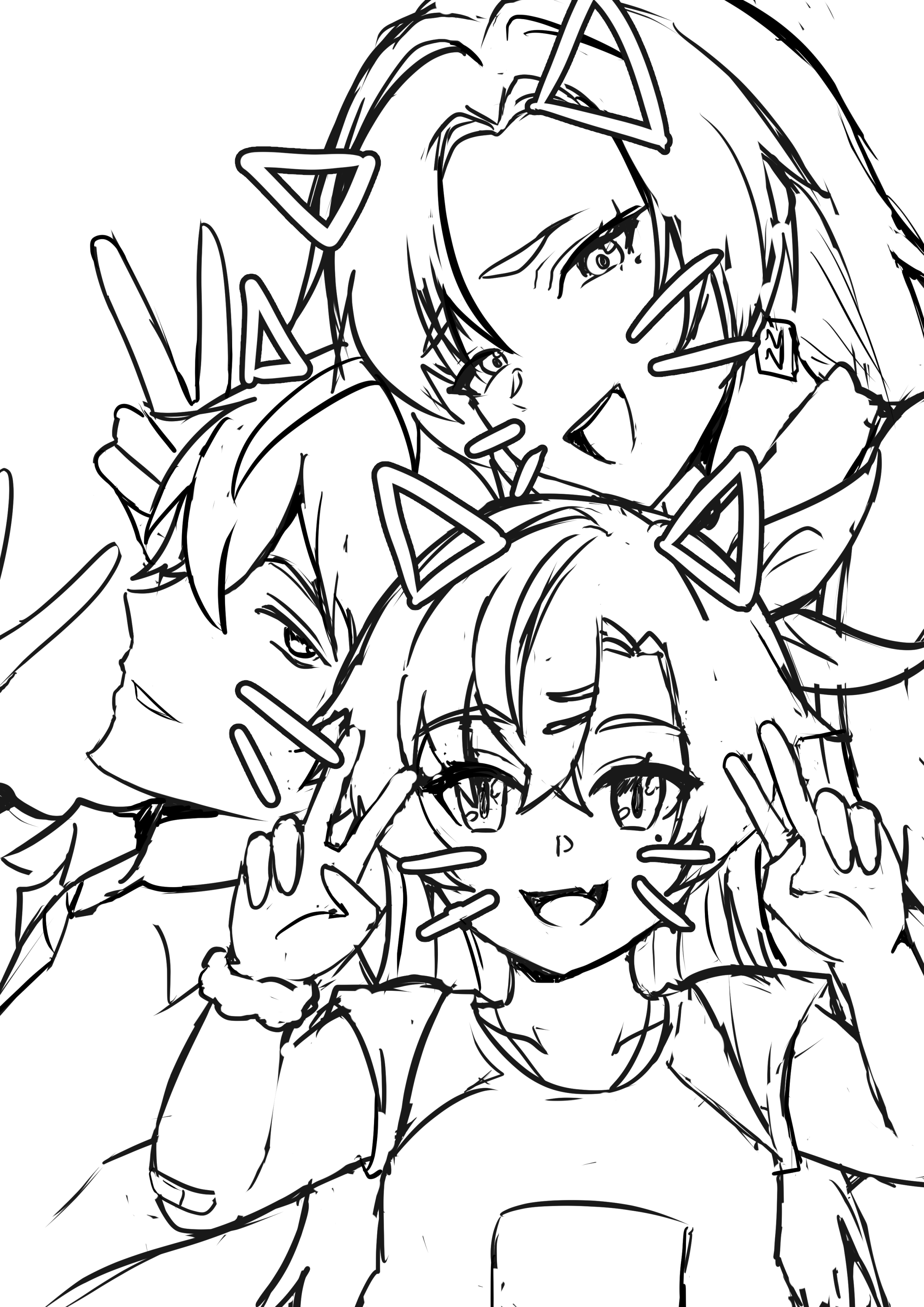 tian kazuki, nicole demara, wise (zenless zone zero), zenless zone zero, absurdres, highres, 1boy, 2girls, animal ears, cat ears, family, father and daughter, if they mated, lineart, long hair, looking at viewer, mother and daughter, multiple girls, open mouth, short hair, v, whiskers