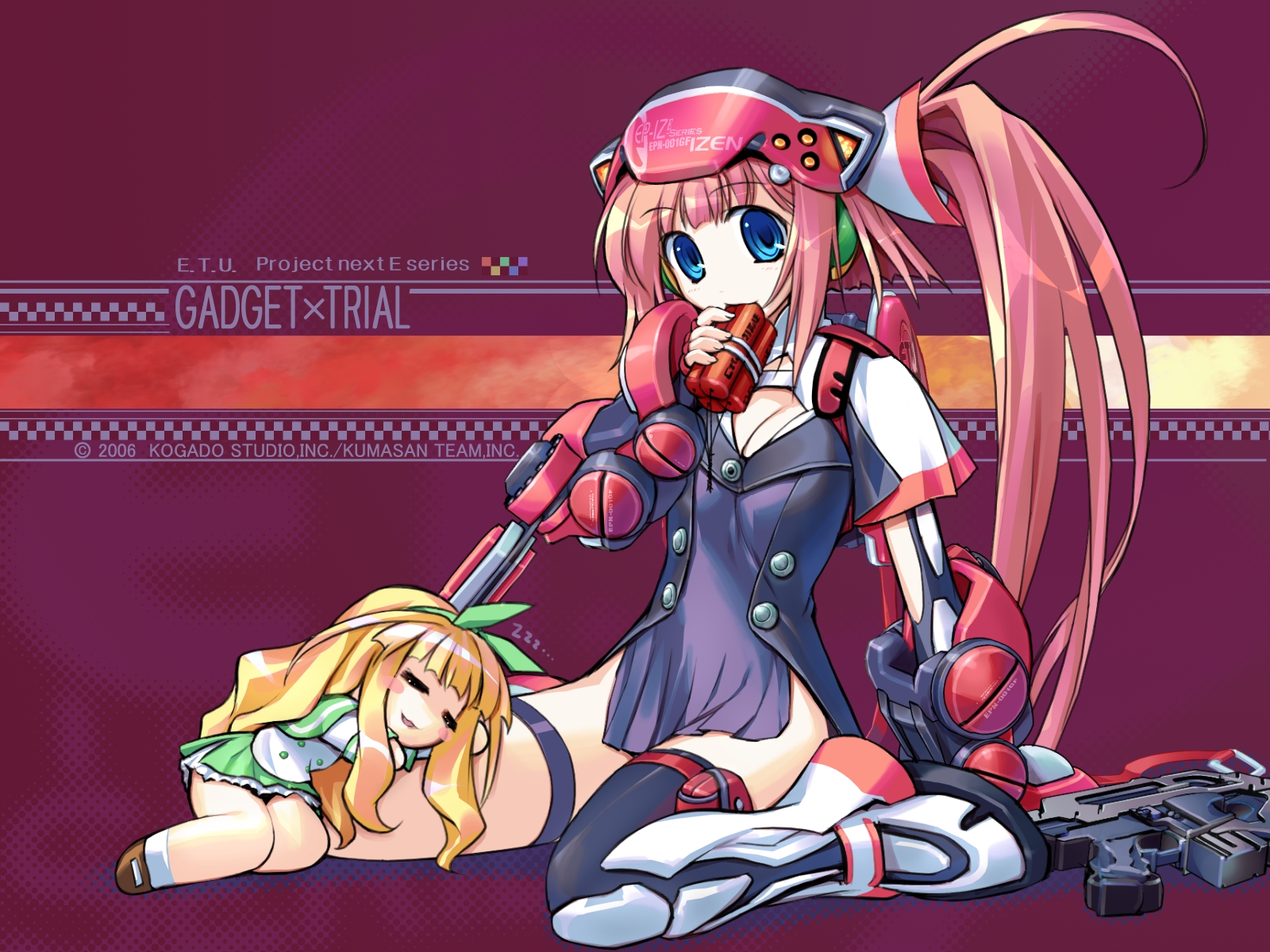ein (long cake), yu-ri (arium047), izen, gadget trial, yuuri, highres, 2girls, chibi, dynamite, explosive, gun, multiple girls, thighhighs, weapon