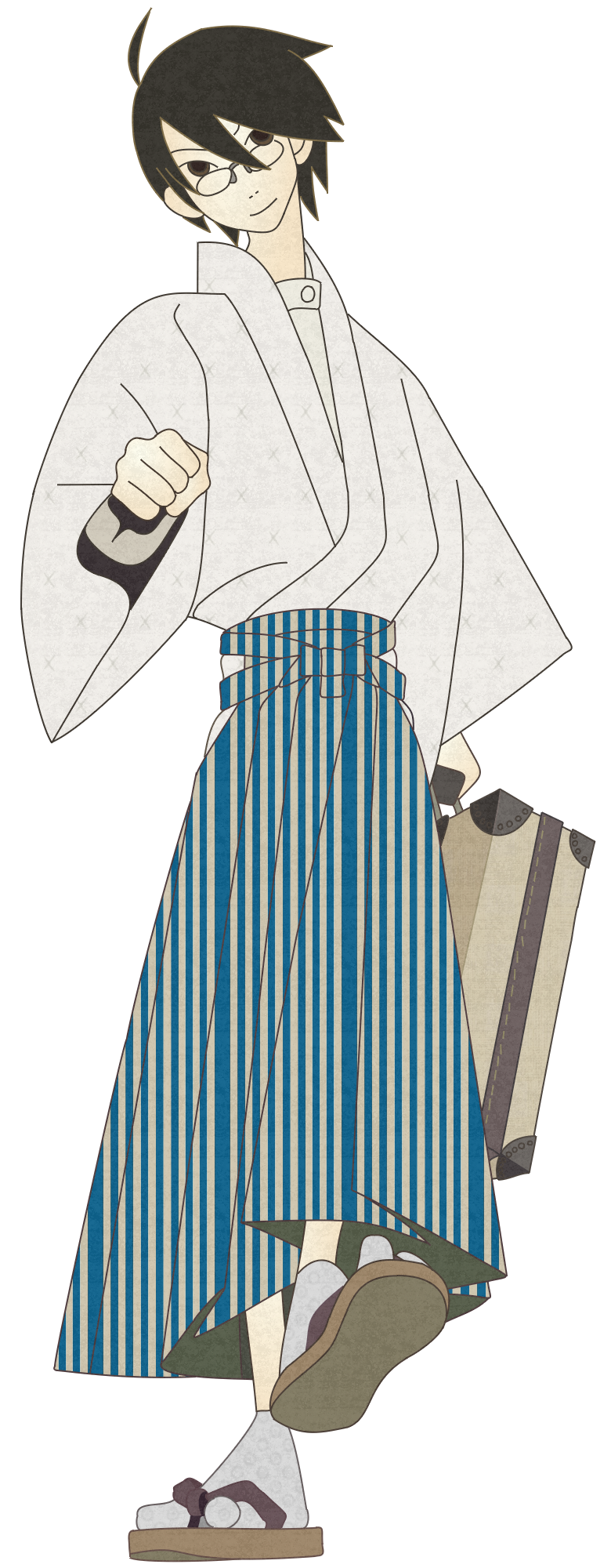 anonymous soup, itoshiki nozomu, sayonara zetsubou sensei, derivative work, highres, vector trace, 00s, 1boy, blue hakama, full body, hakama, hakama skirt, japanese clothes, male focus, skirt, solo, standing, transparent background, unmoving pattern