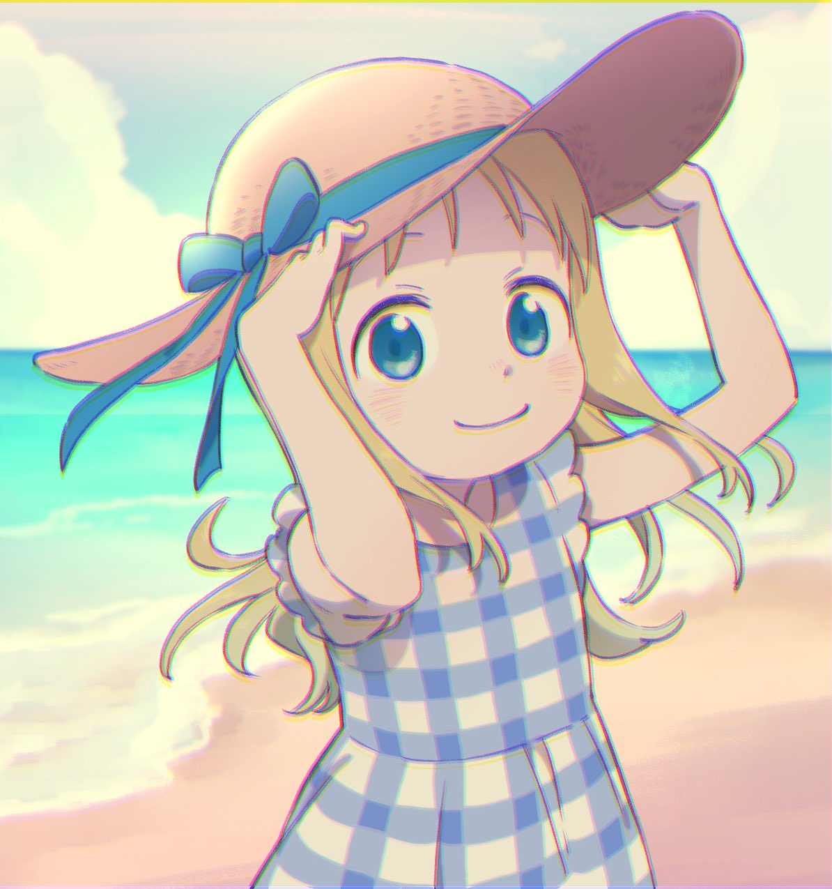 sagawa haruka, ana coppola, ichigo mashimaro, highres, 1girl, beach, blonde hair, blue eyes, bow, closed mouth, cloud, dress, hat, hat bow, long hair, looking at viewer, smile, solo, striped clothes, striped dress