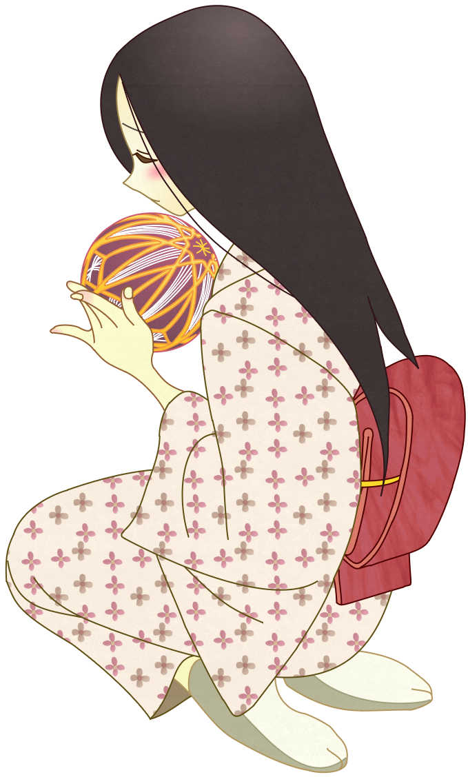 anonymous soup, komori kiri, sayonara zetsubou sensei, derivative work, vector trace, 00s, 1girl, artistic error, ball, black hair, blush, closed eyes, female focus, from side, full body, japanese clothes, kimono, long hair, obi, profile, sash, seiza, sitting, solo, tabi, temari ball, transparent background