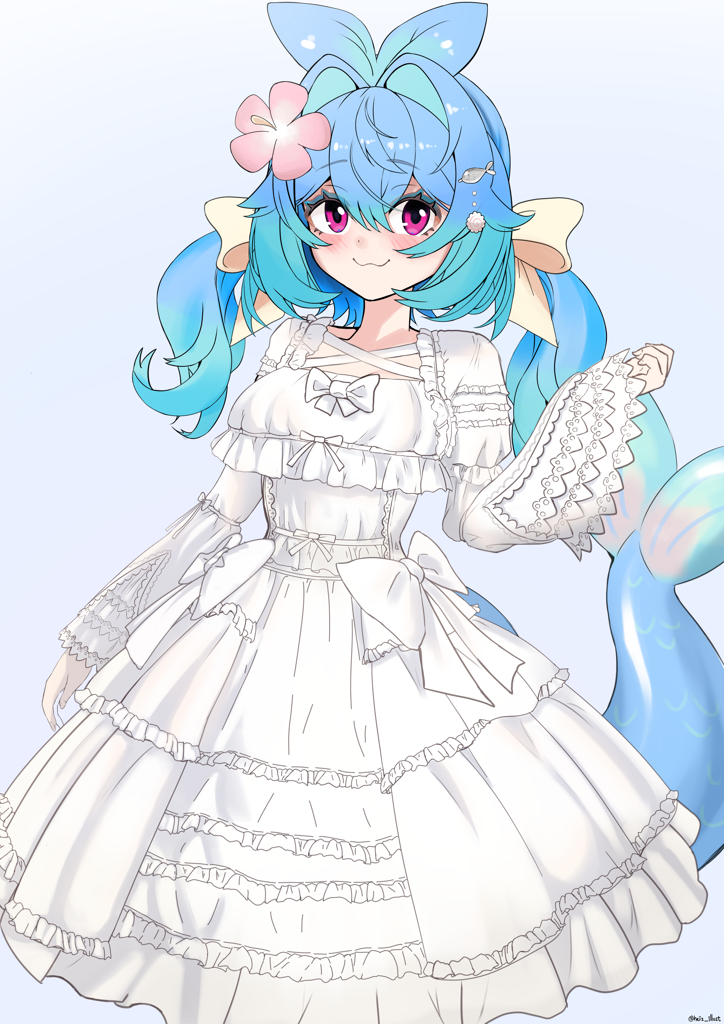 heiz illust, lazuli (vtuber), indie virtual youtuber, bag, blue hair, dress, handbag, lolita fashion, pink eyes, virtual youtuber