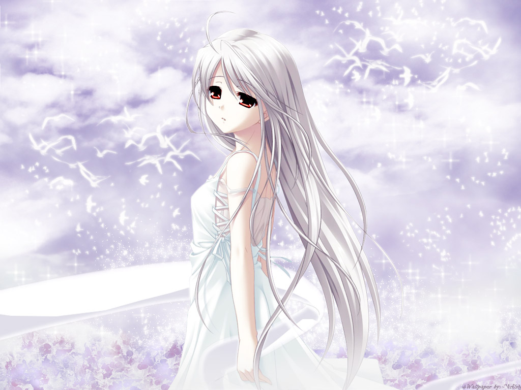 shouna mitsuishi, rino (white clarity), white clarity, 1girl, albino, bird, female focus, long hair, pale skin, red eyes, solo, white hair