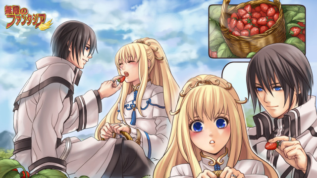 hatake michi, mugen no fantasia, 1boy, 1girl, black hair, blonde hair, blue eyes, blush, long hair