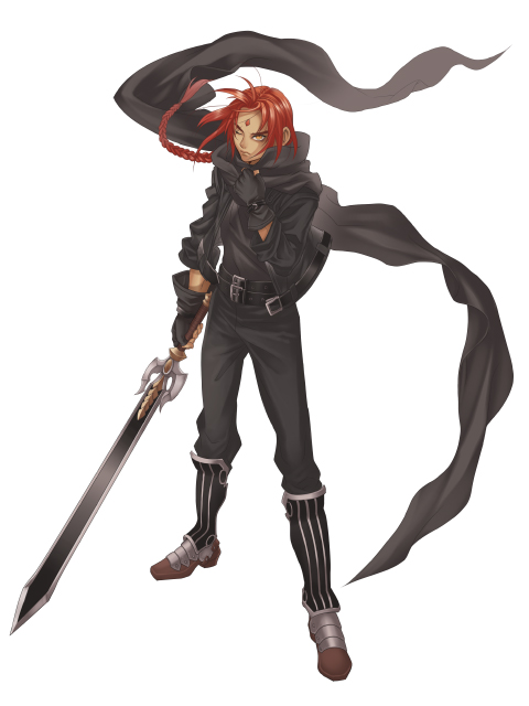 hatake michi, 1boy, belt, bindi, black gloves, black scarf, boots, braid, facial mark, forehead mark, full body, gloves, legs apart, long hair, looking at viewer, male focus, one eye closed, pants, red eyes, red hair, scarf, simple background, single braid, solo, standing, sword, weapon, white background
