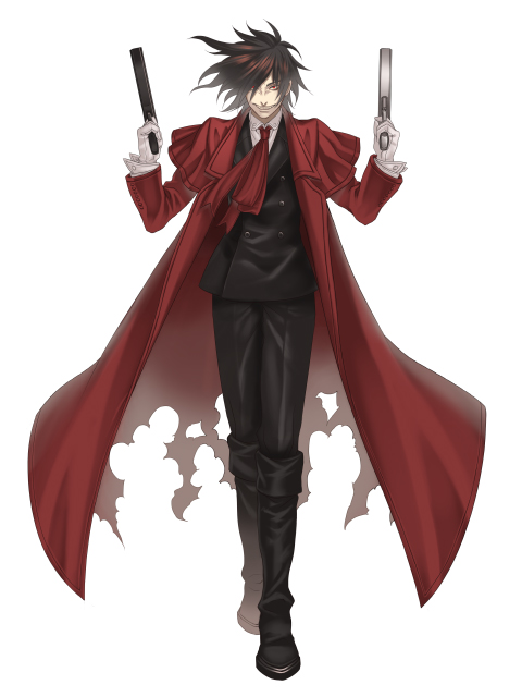 hatake michi, alucard (hellsing), hellsing, 1boy, black hair, casull (hellsing), coat, dual wielding, formal clothes, gloves, grin, gun, handgun, holding, jackal (hellsing), male focus, necktie, overcoat, pistol, red coat, red eyes, smile, solo, suit, torn clothes, vampire, weapon, white gloves