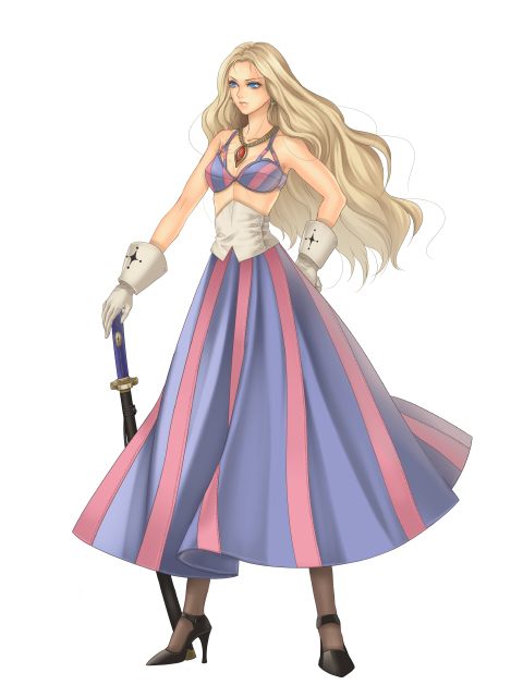 hatake michi, blonde hair, katana, long hair, skirt, solo, sword, weapon
