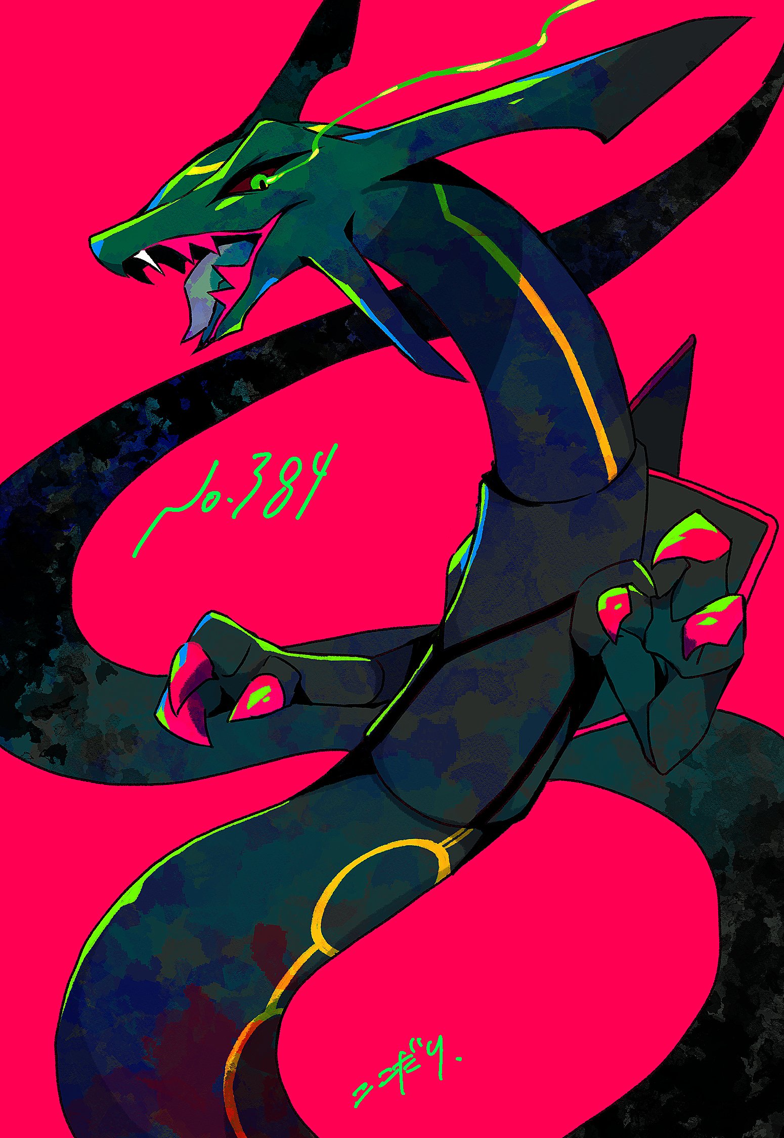 kokodari, rayquaza, nintendo, pokemon, highres, alternate color, black sclera, claws, colored sclera, dragon, eastern dragon, fangs, gen 3 pokemon, green eyes, legendary pokemon, no humans, open mouth, pokemon (creature), pokemon focus, shiny pokemon, simple background, solo, tongue
