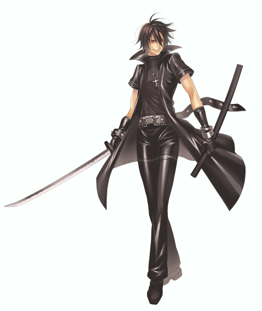 hatake michi, shiki (togainu no chi), togainu no chi, 1boy, black hair, coat, katana, male focus, red eyes, sheath, short hair, solo, sword, trench coat, weapon