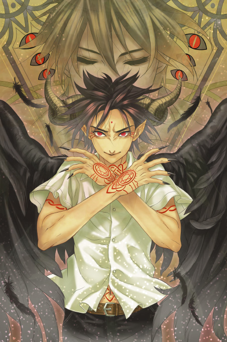 hatake michi, tagme, blouse, demon, demon boy, horns, pointy ears, red eyes, shirt, tattoo, white shirt