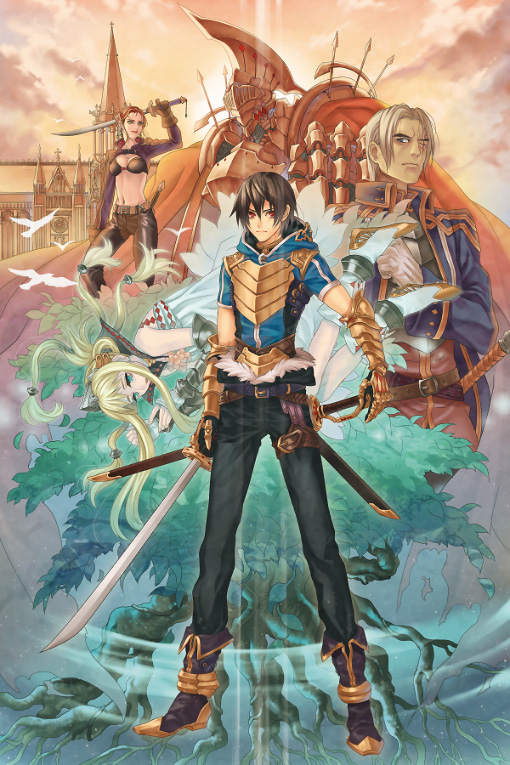 hatake michi, silver hair, 2boys, 2girls, armor, brown hair, evening, fighting stance, full body, light rays, long sleeves, looking at viewer, multiple boys, multiple girls, pants, sheath, sheathed, short hair, standing, sunlight, sunset, sword, weapon