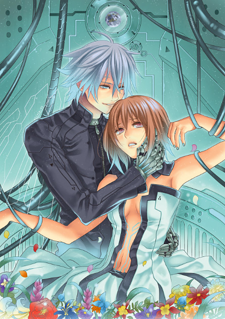 hatake michi, original, 1boy, 1girl, ahoge, aqua nails, blue eyes, breasts, brown hair, cable, cleavage, couple, detached collar, dress, earth (planet), expressionless, flower, grey hair, hetero, hug, indoors, large breasts, looking at viewer, nail polish, navel, open mouth, planet, prosthesis, red eyes, short hair, spacecraft, strapless, strapless dress