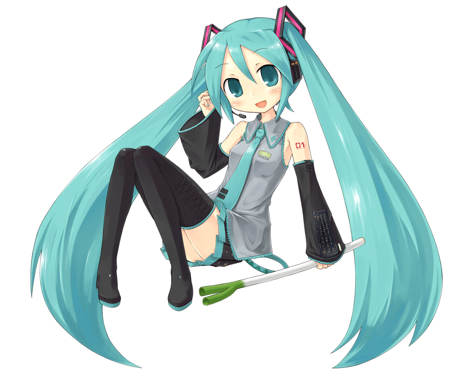 7010, hatsune miku, vocaloid, long hair, solo, spring onion, thighhighs, twintails, very long hair, zettai ryouiki