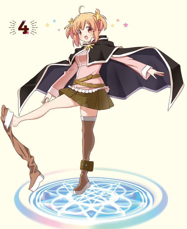 kounosu satori, kirara (kirara fantasia), kirara fantasia, non-web source, official art, 1girl, ahoge, belt, black cape, black capelet, boots, breasts, brown eyes, brown skirt, cape, capelet, full body, hair ornament, holding, jacket, long sleeves, medium breasts, miniskirt, orange hair, pink jacket, pleated skirt, short hair, short twintails, single bare leg, skirt, smile, solo, standing, star (symbol), star hair ornament, thigh boots, thighhighs, twintails
