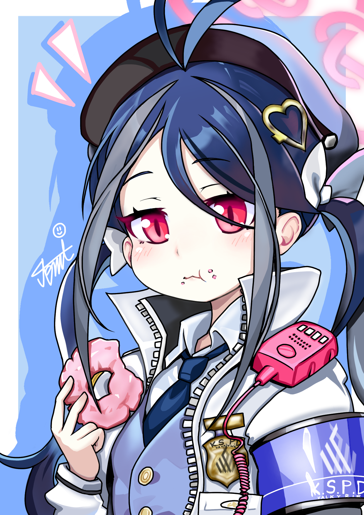tomimon, fubuki (blue archive), blue archive, commentary request, highres, 1girl, :t, antenna hair, armband, blue background, blue hair, blue hat, blue necktie, blue vest, border, bow, closed mouth, collared shirt, donut, drop shadow, eating, food, food on face, grey hair, hair bow, halo, hand up, hat, holding, holding food, jacket, long hair, looking at viewer, multicolored hair, necktie, notice lines, open clothes, open jacket, peaked cap, shirt, solo, streaked hair, twintails, upper body, very long hair, vest, white border, white bow, white jacket, white shirt