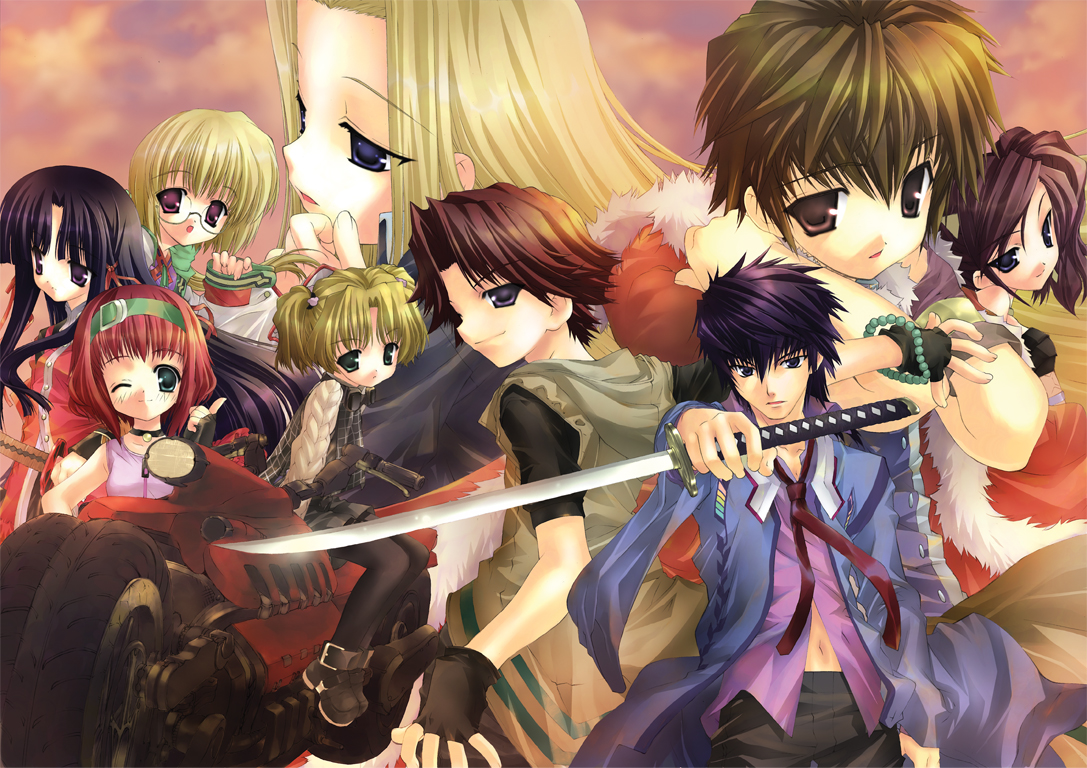 fujima takuya, kazusa shin, neppu kairiku bushilord, neppuu kairiku bushiroad, neppuu kairiku bushiroad the rising, vehicle, 10s, 2boys, 6+girls, black hair, blonde hair, blue eyes, brown hair, glasses, katana, long hair, motor vehicle, motorcycle, multiple boys, multiple girls, ponytail, purple hair, red hair, sword, weapon