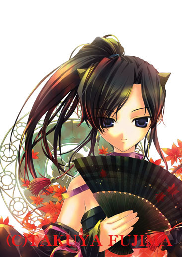 fujima takuya, neppu kairiku bushilord, neppuu kairiku bushiroad, neppuu kairiku bushiroad the rising, 10s, 1girl, animal ears, autumn, bare shoulders, black hair, blue eyes, choker, copyright notice, female focus, folding fan, hand fan, high ponytail, holding, holding fan, leaf, ponytail, ribbon choker, solo
