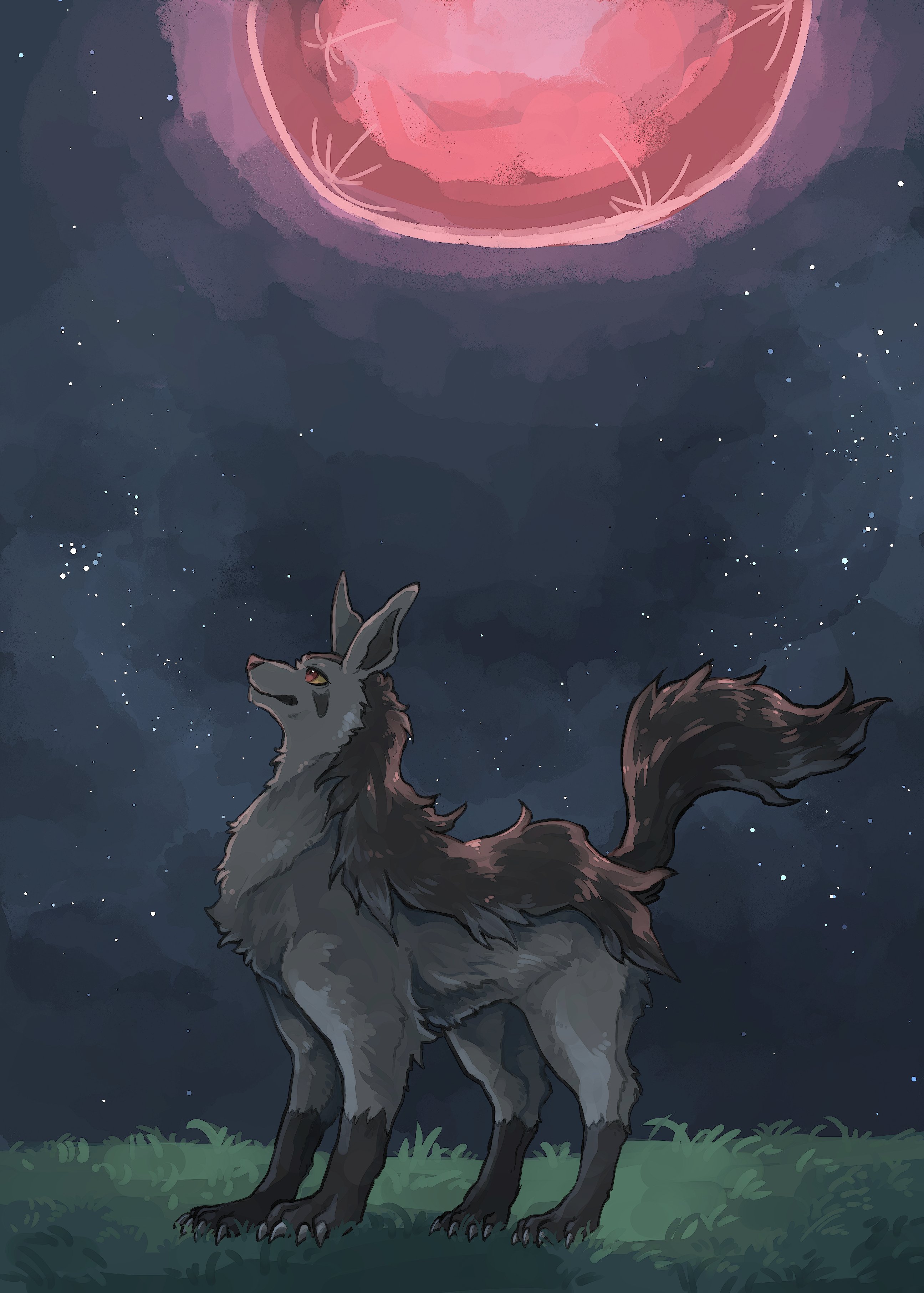 ohayou milk, mightyena, nintendo, pokemon, absurdres, highres, animal focus, black fur, claws, closed mouth, colored sclera, full body, gen 3 pokemon, grass, grey fur, moon, night, night sky, outdoors, pokemon (creature), pokemon focus, red eyes, red moon, sky, smile, solo, star (sky), tail, yellow sclera