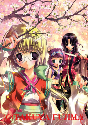 fujima takuya, neppu kairiku bushilord, neppuu kairiku bushiroad, neppuu kairiku bushiroad the rising, 10s, 3girls, black hair, blonde hair, cherry blossoms, glasses, long hair, multiple girls, purple hair, sword, weapon