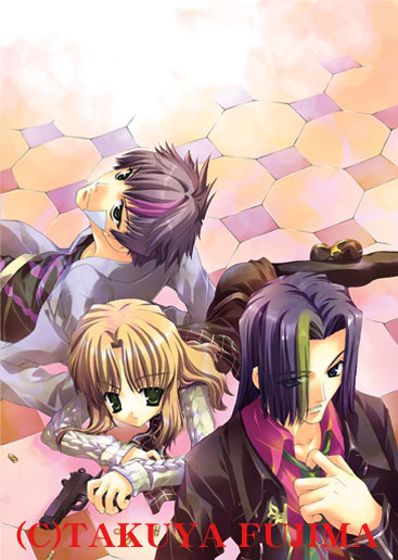 fujima takuya, kazusa shin, neppu kairiku bushilord, neppuu kairiku bushiroad, neppuu kairiku bushiroad the rising, 10s, 1girl, 2boys, blonde hair, gun, handgun, long hair, multiple boys, pistol, purple hair, weapon