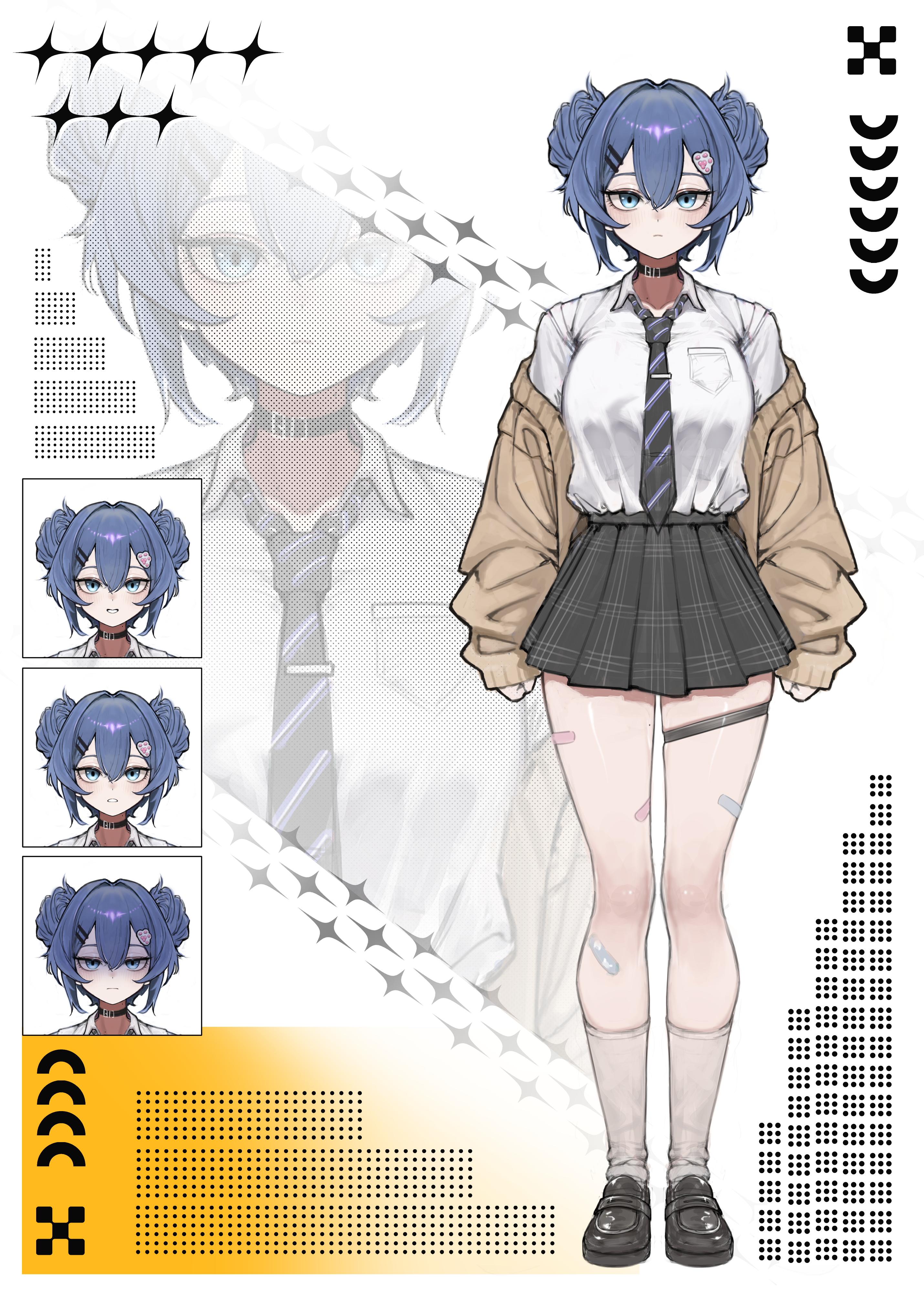 original, absurdres, highres, 1girl, bandaid, bandaid on leg, black choker, black necktie, black shoes, black skirt, blue eyes, blue hair, breast pocket, choker, closed mouth, collared shirt, double bun, expressionless, grey socks, grin, hair bun, hair ornament, hairclip, kneehighs, loafers, looking at viewer, multiple expressions, necktie, nupp, pleated skirt, pocket, school uniform, shaded face, shirt, shirt tucked in, shoes, short hair, skirt, smile, socks, standing, thigh strap, white shirt, zoom layer