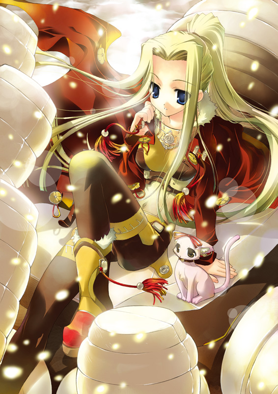 fujima takuya, neppu kairiku bushilord, neppuu kairiku bushiroad, neppuu kairiku bushiroad the rising, 10s, 1girl, blonde hair, cape, cat, female focus, long hair, snow, snowing, solo