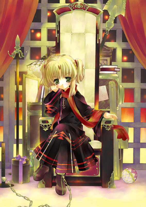 fujima takuya, neppu kairiku bushilord, neppuu kairiku bushiroad, neppuu kairiku bushiroad the rising, 10s, 1girl, arm support, ball, blonde hair, blush, book, book stack, chain, cloak, crossed legs, curtains, expressionless, female focus, full body, gift, green eyes, head rest, lance, looking at viewer, polearm, restrained, ribbon, scarf, short hair, sitting, solo, throne, weapon