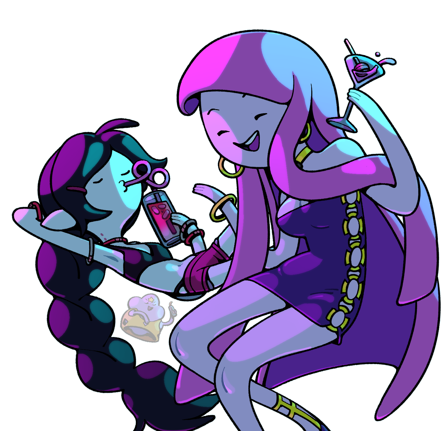 discount-supervillain, lumpy space princess, marceline abadeer, princess bonnibel bubblegum, adventure time, highres, 3girls, alternate costume, armlet, armpits, bangle, black hair, blunt bangs, bracelet, braid, breasts, choker, cleavage, closed eyes, cocktail glass, colored skin, cup, dress, drinking, drinking glass, drinking straw, glass, gold choker, hoop, jewelry, multiple girls, o-ring, o3o, pink hair, pink skin, smile, teeth, toon (style), upper teeth only, vampire