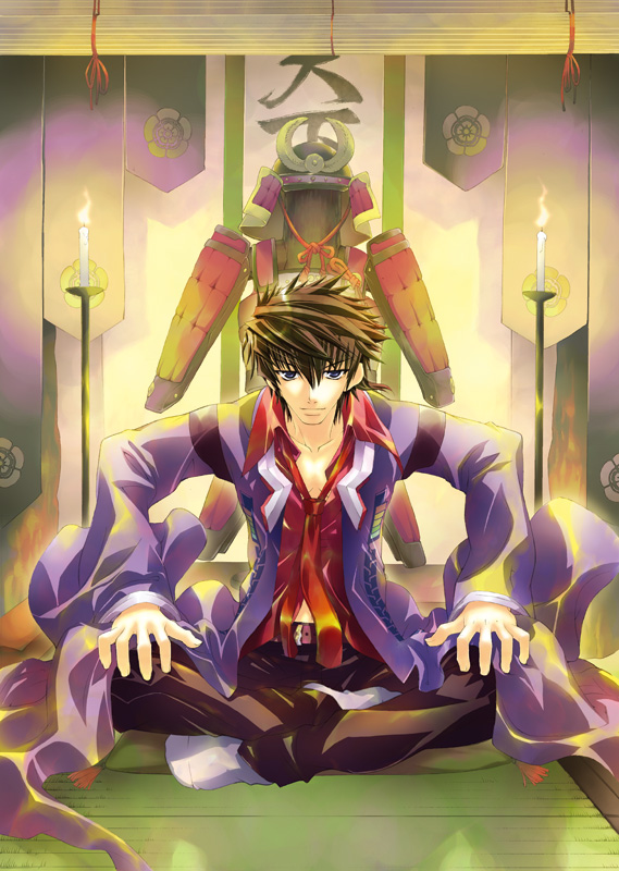 fujima takuya, kazusa shin, neppu kairiku bushilord, neppuu kairiku bushiroad, neppuu kairiku bushiroad the rising, 10s, 1boy, armor, cigarette, japanese armor, male focus, purple hair, samurai armour, solo