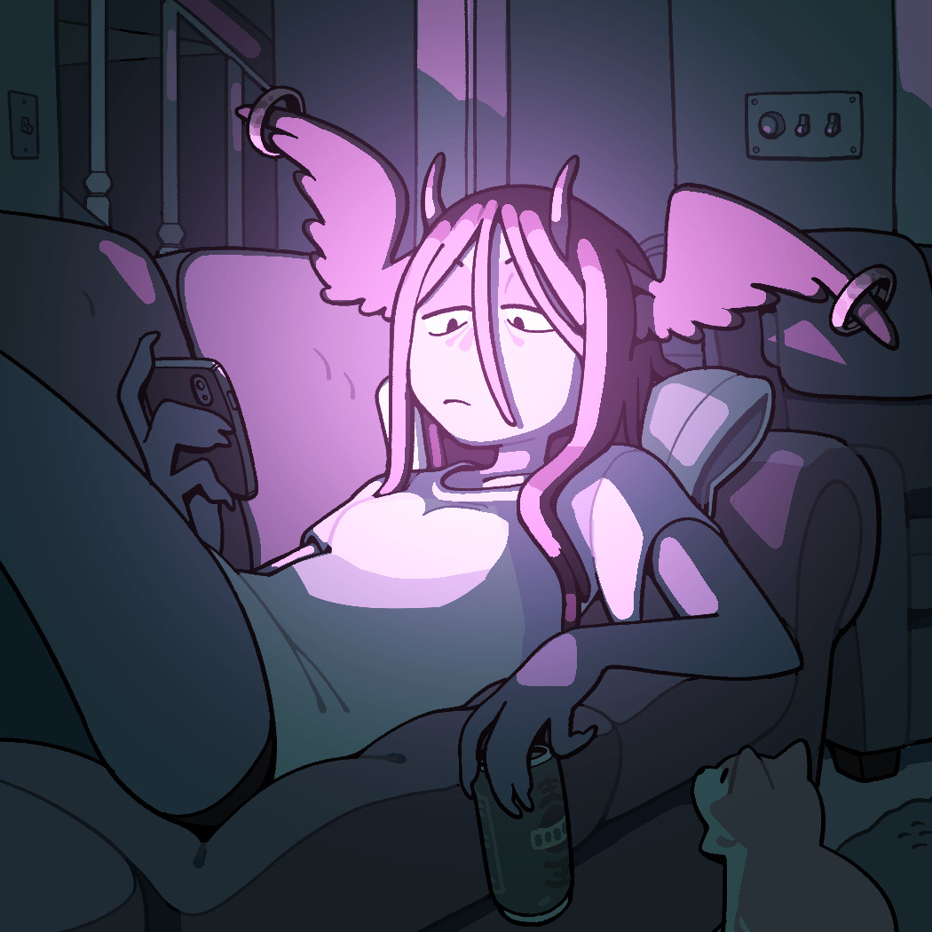 discount-supervillain, original, 1girl, angel wings, can, claws, closed mouth, couch, demon girl, demon horns, drink can, fallen angel, head wings, holding, holding can, horns, long hair, lying, on back, on couch, shirt, short sleeves, solo, t-shirt, wings
