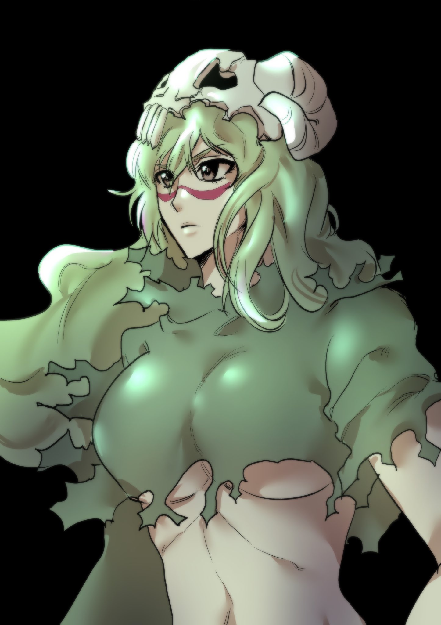 nelliel tu odelschwanck, bleach, 1girl, breasts, espada, green hair, large breasts, long hair, midriff, solo, torn clothes, underboob