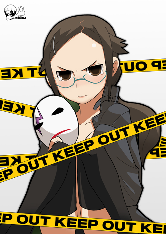 imaizumi teruhiko, kirihara misaki, darker than black, 00s, 1girl, blush, caution tape, female focus, glasses, keep out, mask, solo, tears