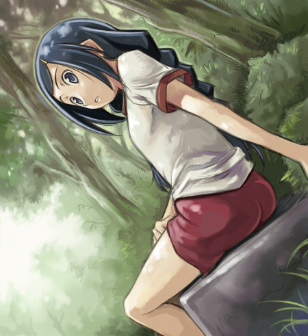 maruto!, komagusu miyako, ghost hound, lowres, 00s, 1girl, ass, black hair, blue eyes, braid, buruma, day, female focus, flat chest, gym uniform, hair ornament, hairclip, long hair, looking back, outdoors, sitting, solo, tree, twin braids