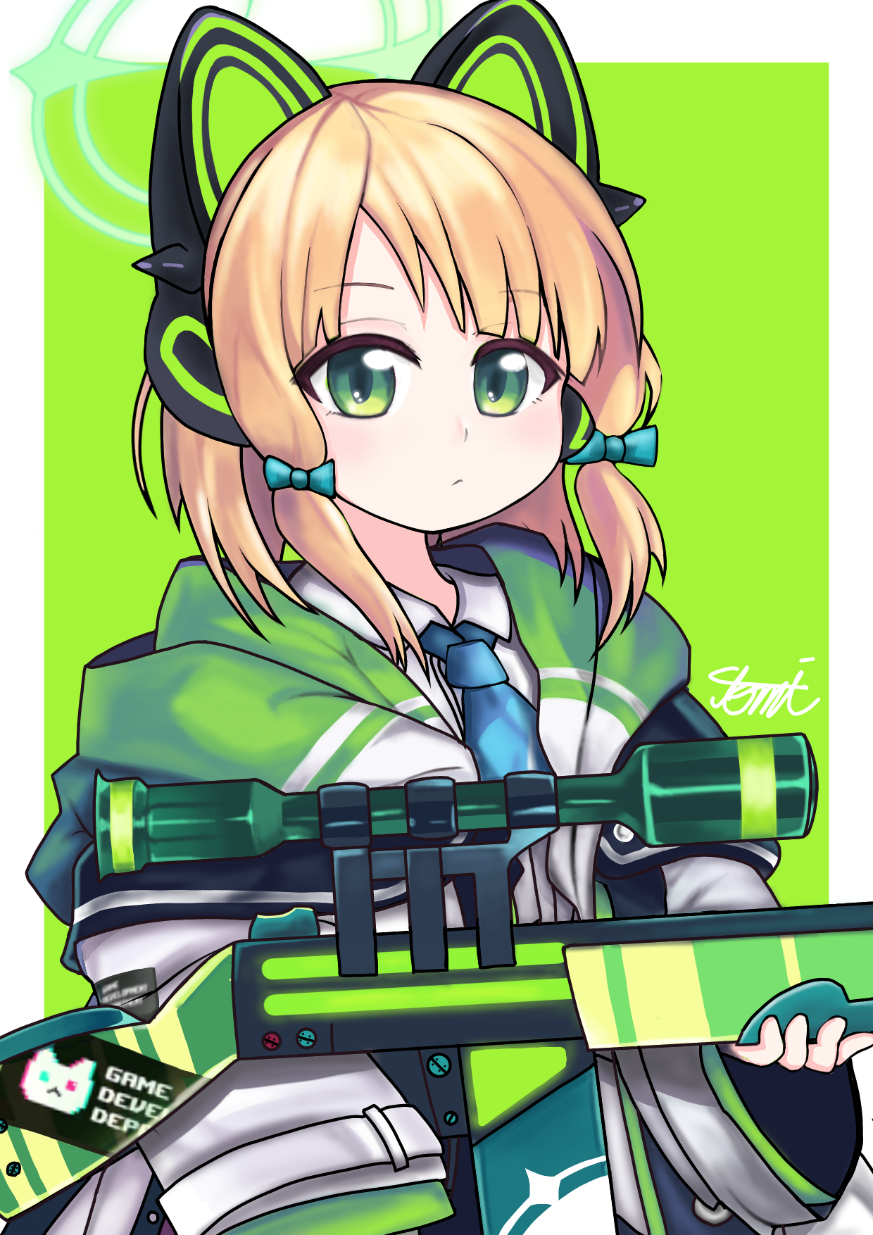 tomimon, midori (blue archive), blue archive, commentary request, highres, 1girl, animal ear headphones, animal ears, battle rifle, blonde hair, blue bow, blue necktie, border, bow, closed mouth, collared shirt, dress shirt, fake animal ears, green background, green eyes, gun, h&k g3, hair bow, halo, headphones, holding, holding gun, holding weapon, hood, hood down, hooded jacket, jacket, long sleeves, looking at viewer, necktie, rifle, scope, shirt, solo, upper body, weapon, white border, white jacket, white shirt, wide sleeves