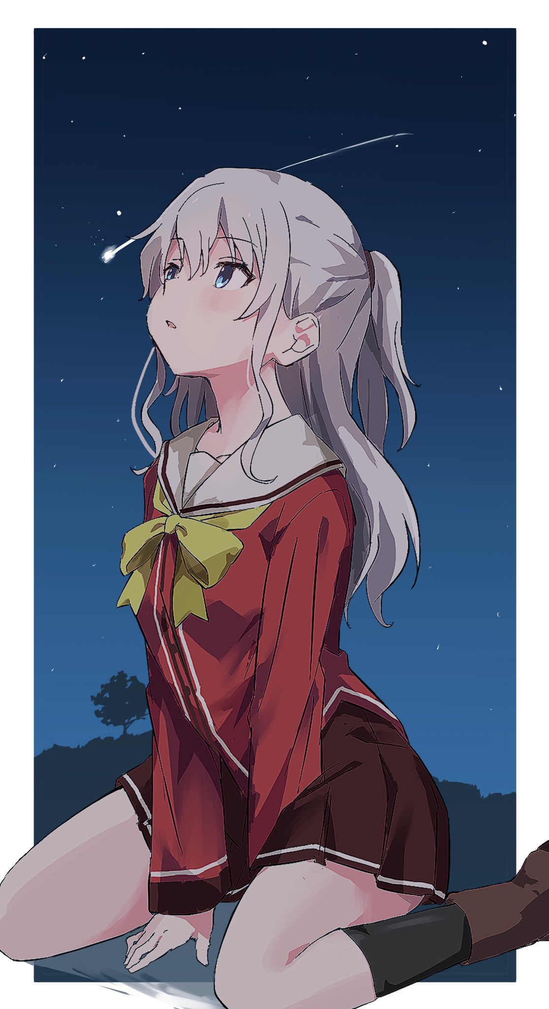 as buppa, tomori nao, charlotte (anime), commentary request, highres, 1girl, between legs, black socks, blue eyes, blush, boots, border, bow, bowtie, brown boots, brown skirt, foot out of frame, grey hair, hair between eyes, hand between legs, hoshinoumi academy school uniform, kneehighs, long hair, long sleeves, looking up, miniskirt, night, night sky, open mouth, outdoors, outside border, pleated skirt, red shirt, sailor collar, school uniform, serafuku, shirt, shooting star, sidelocks, sitting, skirt, sky, socks, solo, thighs, two side up, wariza, white border, white sailor collar, yellow bow, yellow bowtie